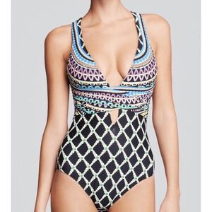 Trina Turk Kon Tiki 8 Mixed Pattern Colorful Geometric Plunge One Piece Boho